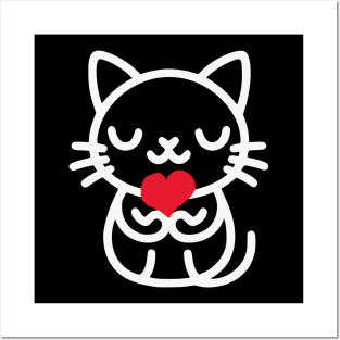 Cute Minimalist Cat holding a heart Posters and Art